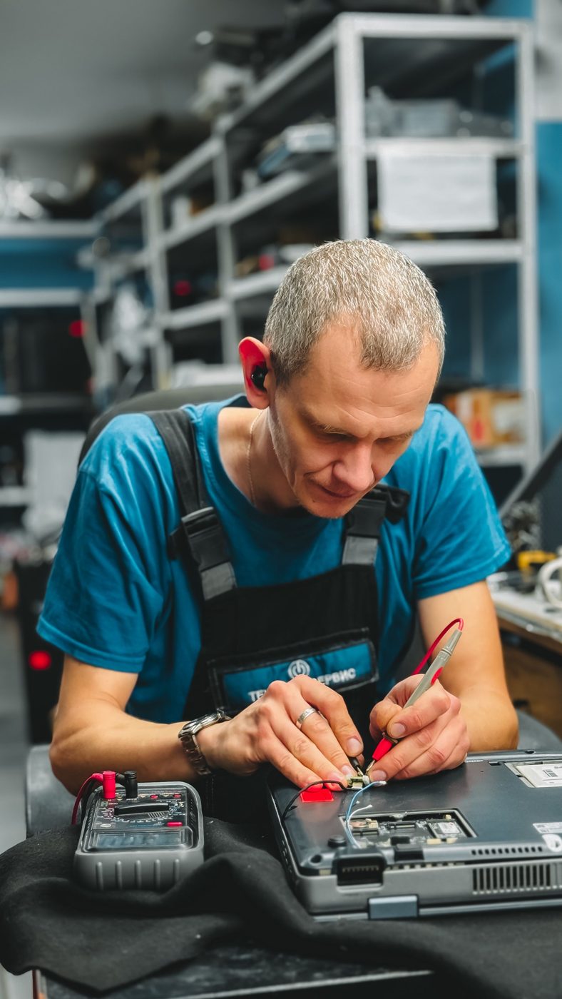 A technician works on an opened laptop at a repair bench.